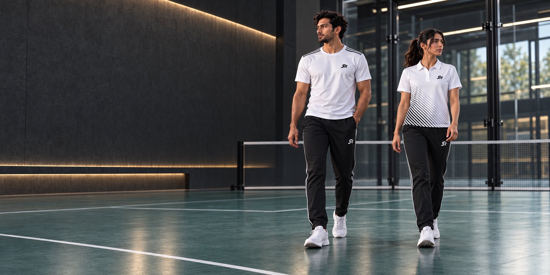 Man in a Shadow90 crew tee and woman in an Aura polo walking on a padel court